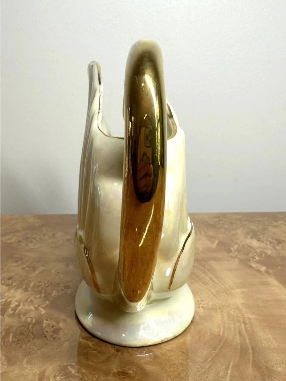Vintage Lustreware Cornucopia Gravy Boat Swan Handle 22K Gold Trim Iridescent